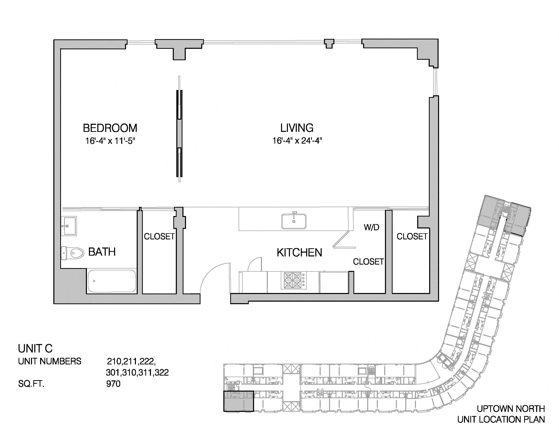 Floor plan for 1 bed, 1 bath, 970 sqft